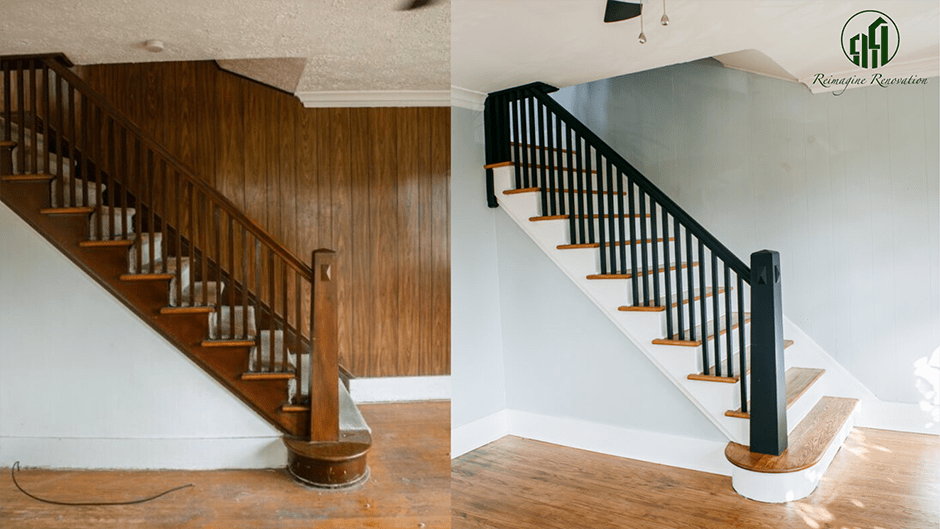 Before and after pictures of a staircase that was modernized