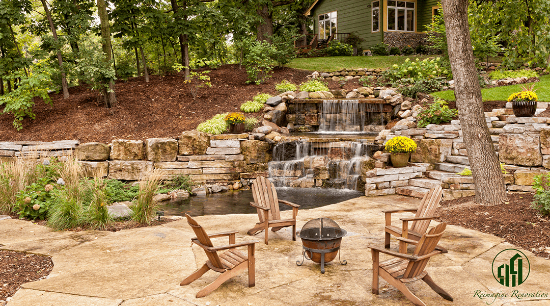 Modern outside patio with chairs and firepit