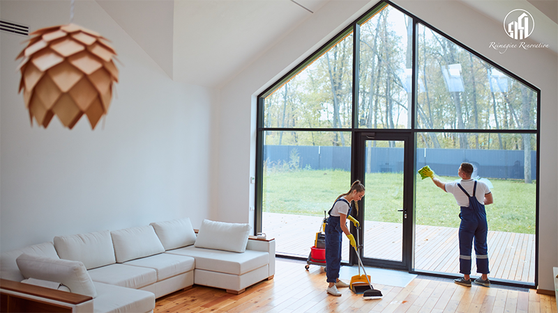 A large home with 2 people doing spring cleaning